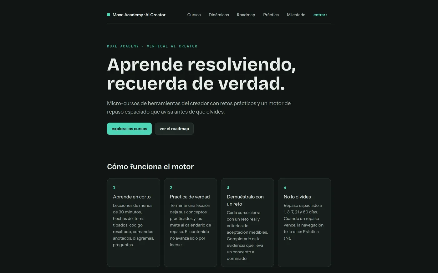 La portada de Academy: cursos hechos de retos, no de lecciones.