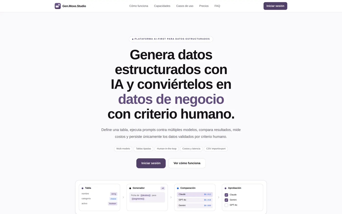 La portada de Gen: qué hace y para quién, antes de crear una cuenta.