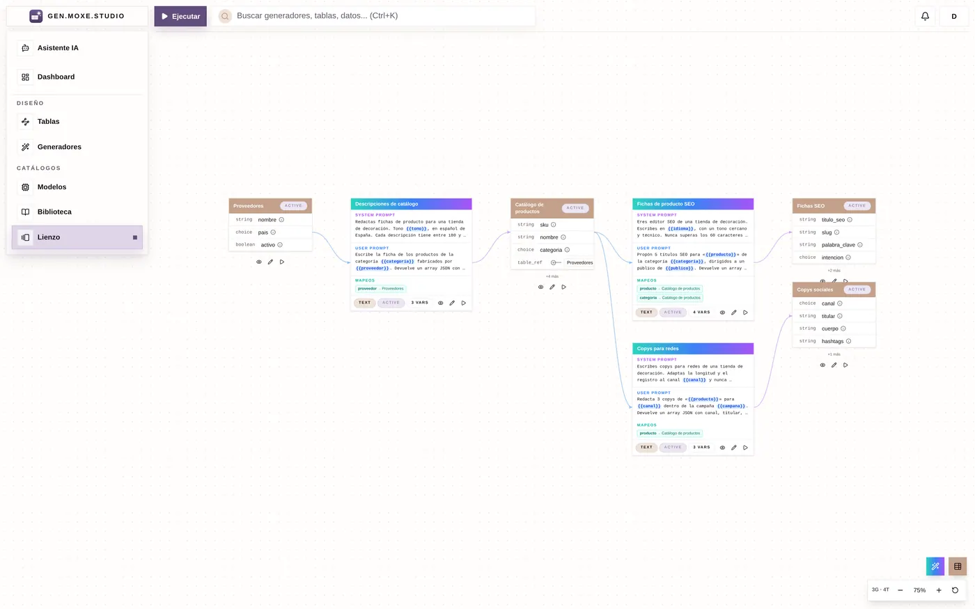 El lienzo: el pipeline de generadores conectados, de forma visual.