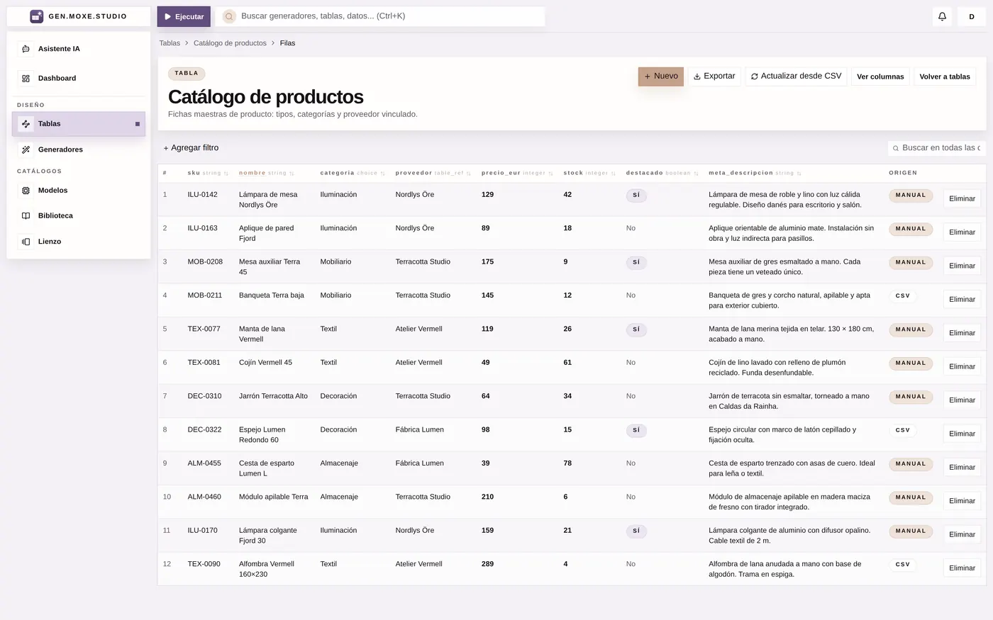 Tablas tipadas con campos, choices, relaciones e importación CSV.