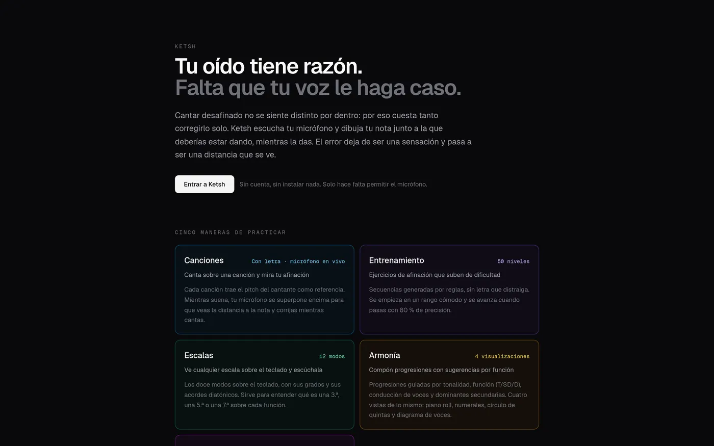 Cinco maneras de practicar: canciones, entrenamiento, escalas, armonía y melodías.