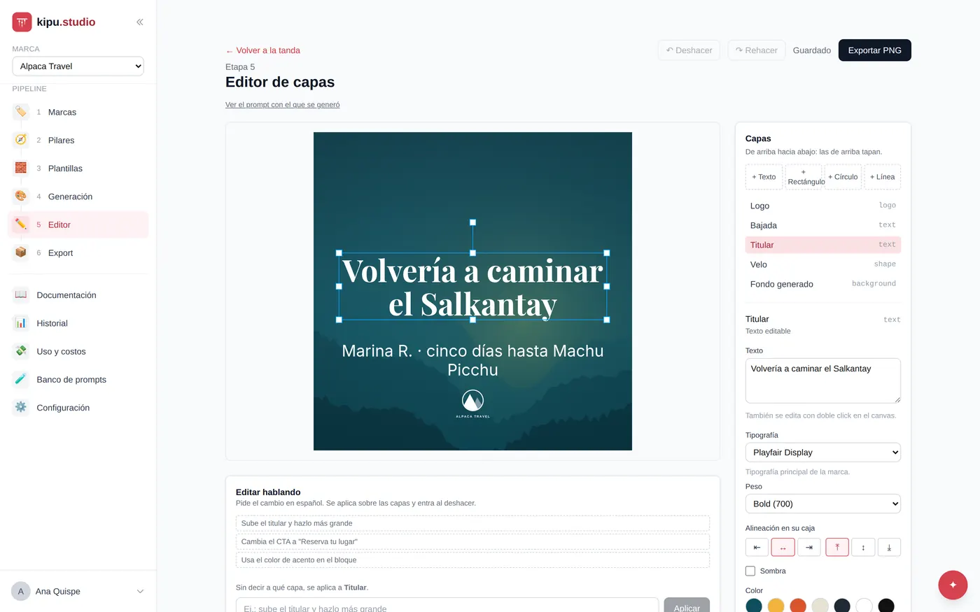 Editor por capas: el texto es texto, el logo es un archivo, los colores son exactos — no un JPG.