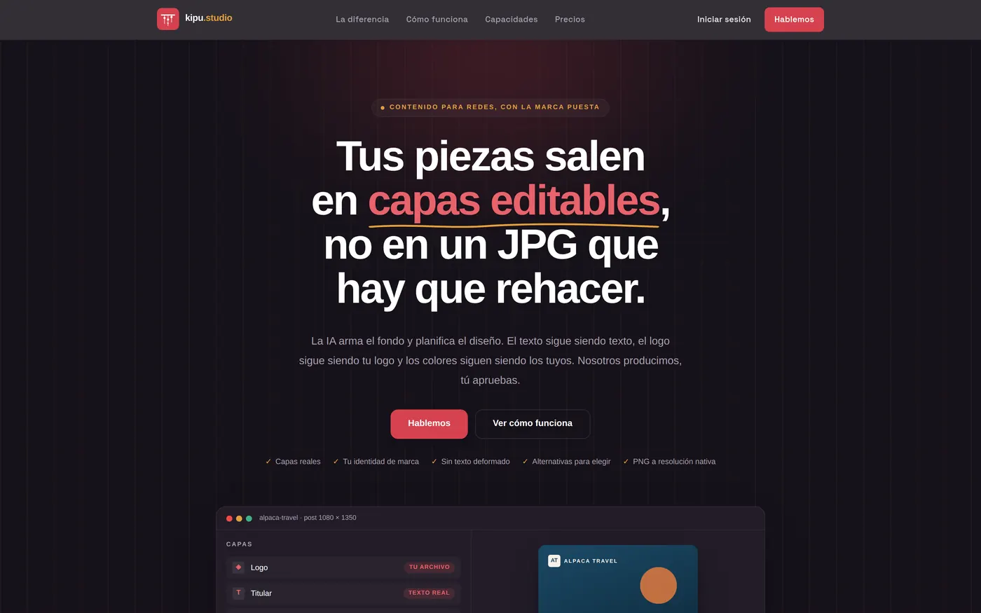 La portada de Kipu: la promesa —capas editables, no un JPG— en una línea.