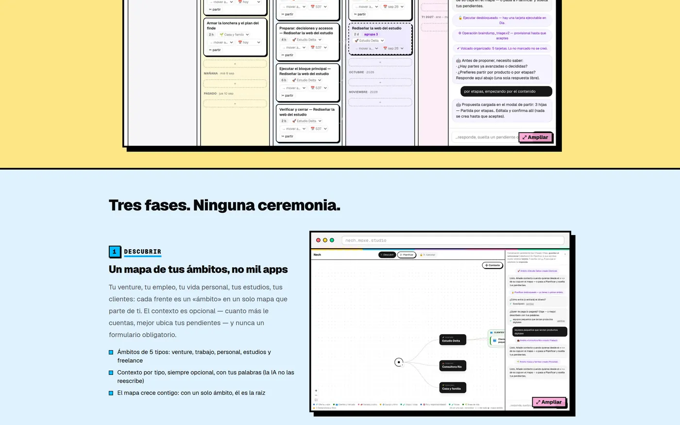 Un mapa de tus ámbitos —venture, trabajo, personal, estudios, freelance— en vez de mil apps.